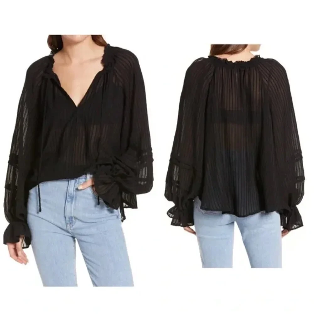 Free People Out Of Town Top Off the Shoulder Smocked Puff Sleeves Sheer Boho S